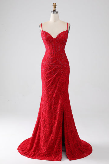 Red Mermaid Spaghetti Straps Beaded Lace Applique Ball Dress With Slit